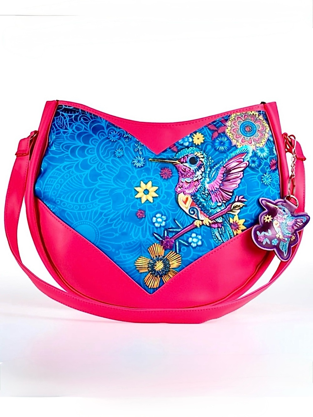 Ay Guey Pink & Blue Hummingbird Shoulder Bag with Hummingbird Bag Charm NWOT
